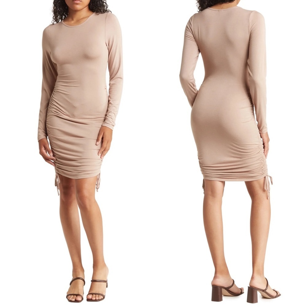 NEW Nordstrom Side Ruched Long Sleeve Dress Side Ties Size Large Beige Tan Nude